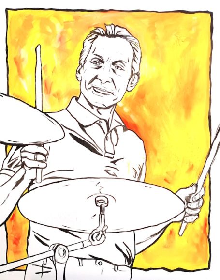 Charlie Watts vor gelbem Hintergrund.